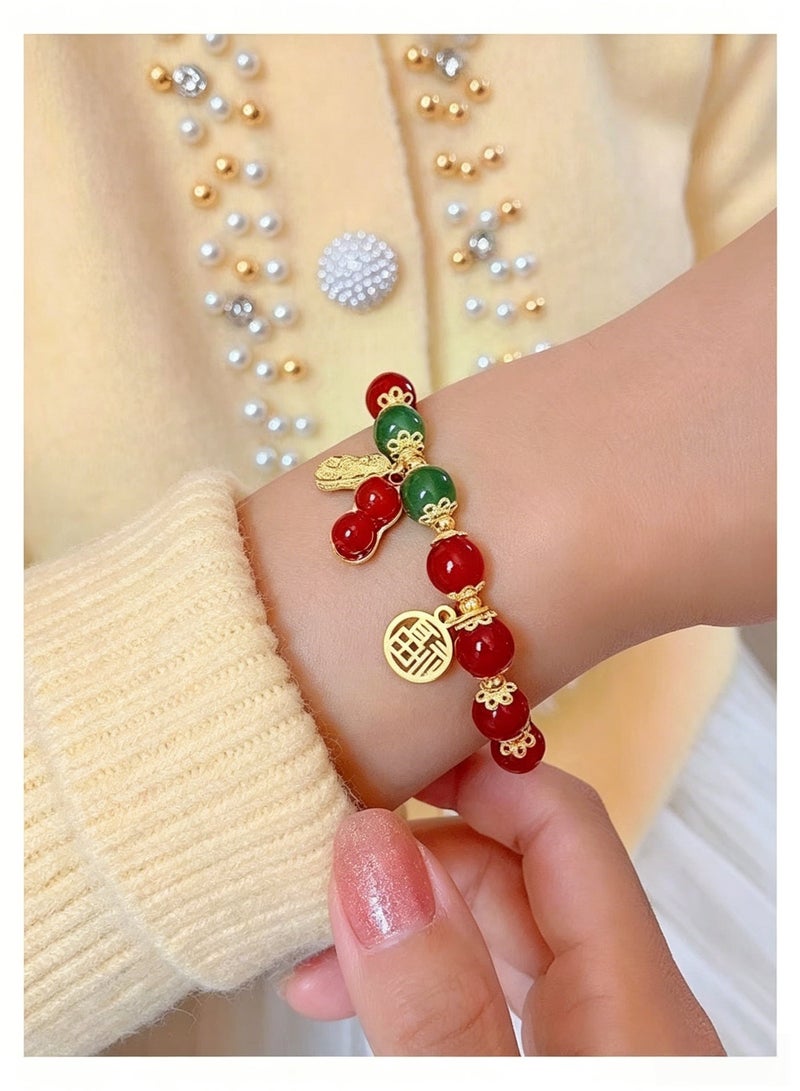 loven Jade Bracelet for Women Gold Leaf Peanut Apricot Leaves Bracelet Dainty Beaded Jade Bracelet Adjustable Lucky Green Jade Jewelry Yoga Beads Stretch Bracelet for Women Ladies Jewelry Gift （Red） - Image 4