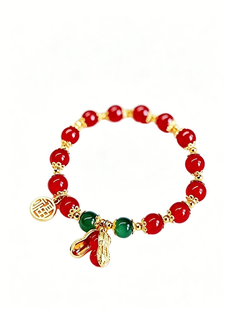 loven Jade Bracelet for Women Gold Leaf Peanut Apricot Leaves Bracelet Dainty Beaded Jade Bracelet Adjustable Lucky Green Jade Jewelry Yoga Beads Stretch Bracelet for Women Ladies Jewelry Gift （Red） - Image 2