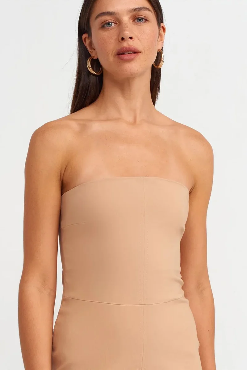 Dilvin Beige Natural DILVIN Strapless Fitted Midi Dress With Slit for Women | Best Price UAE