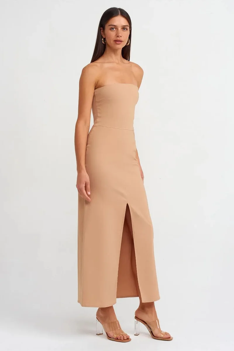 Dilvin Beige Natural DILVIN Strapless Fitted Midi Dress With Slit for Women | Best Price UAE