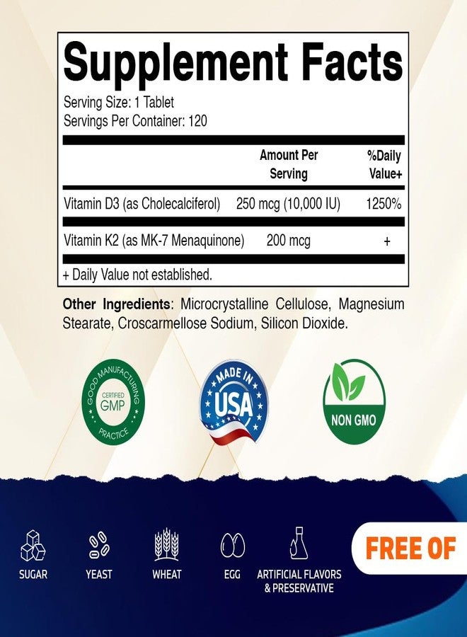 Vitamatic Vitamin D3 K2 Supplements with 10,000 IU Vitamin D + 200mcg Vitamin K MK-7, 120 Tablets Bone, Heart, Immune, & Calcium Support - Image 2