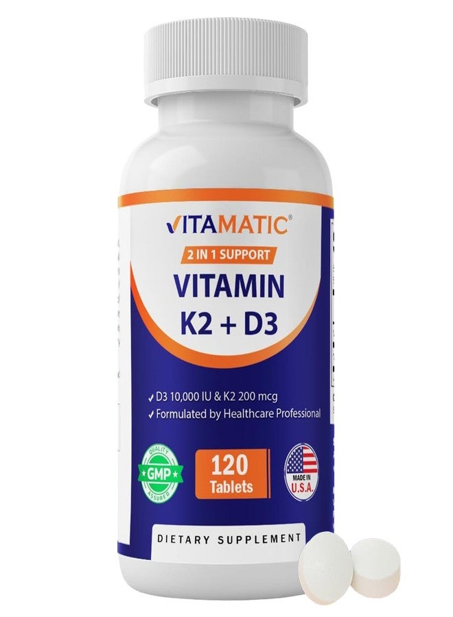 Vitamatic Vitamin D3 K2 Supplements with 10,000 IU Vitamin D + 200mcg Vitamin K MK-7, 120 Tablets Bone, Heart, Immune, & Calcium Support - Image 1