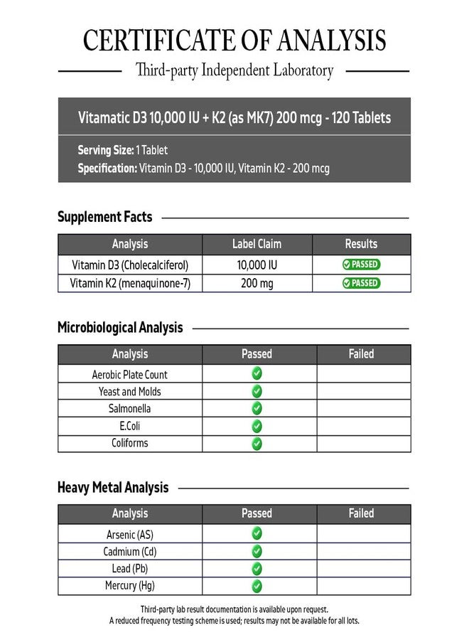 Vitamatic Vitamin D3 K2 Supplements with 10,000 IU Vitamin D + 200mcg Vitamin K MK-7, 120 Tablets Bone, Heart, Immune, & Calcium Support - Image 3