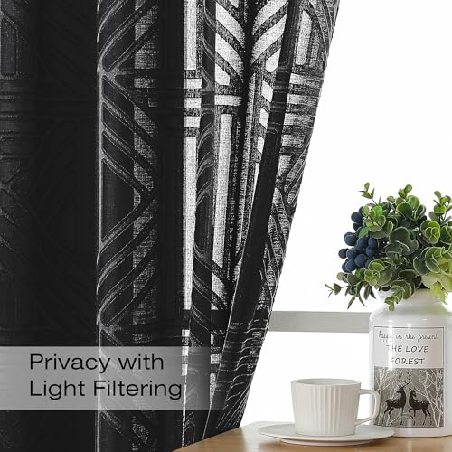Simplebrand Black Semi Sheer Curtains 45 Inch Length 2 Panels, Geometric Jacquard Clip Textured Short Sheer Curtains for Bedroom，Modern Elegant Window Curtains Drapes/Treatment Sheer，42x45 inch - Image 2