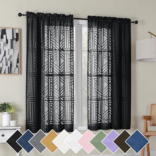 Simplebrand Black Semi Sheer Curtains 45 Inch Length 2 Panels, Geometric Jacquard Clip Textured Short Sheer Curtains for Bedroom，Modern Elegant Window Curtains Drapes/Treatment Sheer，42x45 inch - Image 1