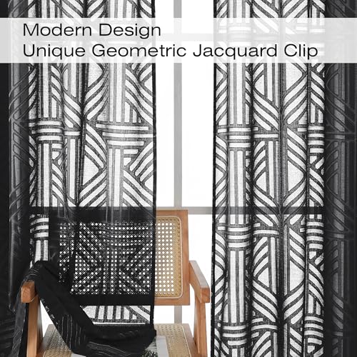 Simplebrand Black Semi Sheer Curtains 45 Inch Length 2 Panels, Geometric Jacquard Clip Textured Short Sheer Curtains for Bedroom，Modern Elegant Window Curtains Drapes/Treatment Sheer，42x45 inch - Image 3