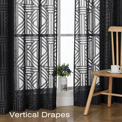 Simplebrand Black Semi Sheer Curtains 45 Inch Length 2 Panels, Geometric Jacquard Clip Textured Short Sheer Curtains for Bedroom，Modern Elegant Window Curtains Drapes/Treatment Sheer，42x45 inch - Image 5