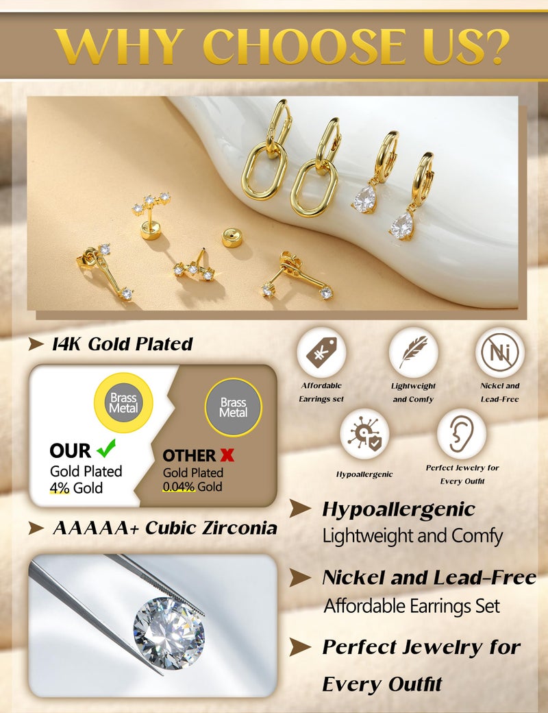 LOYALLOOK 11Pairs Gold Hoop Earrings for Women-Hypoallergenic Surgical Steel Earrings 14K Gold Plated Cartilage Earring Sets for Multiple Piercing Trendy Earring Stacks Flat Back Stud Hoops - Image 4