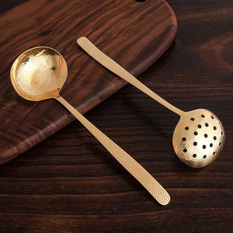 Brass Soup Ladle, Durable Kitchen Ladle with Elegant Hammered Texture, Bright Gold Long Handle Ladle Spoon for Serving Soups Stews Sauces, Balanced Weight Multifunction Cooking Ute (Ladle) - Image 3