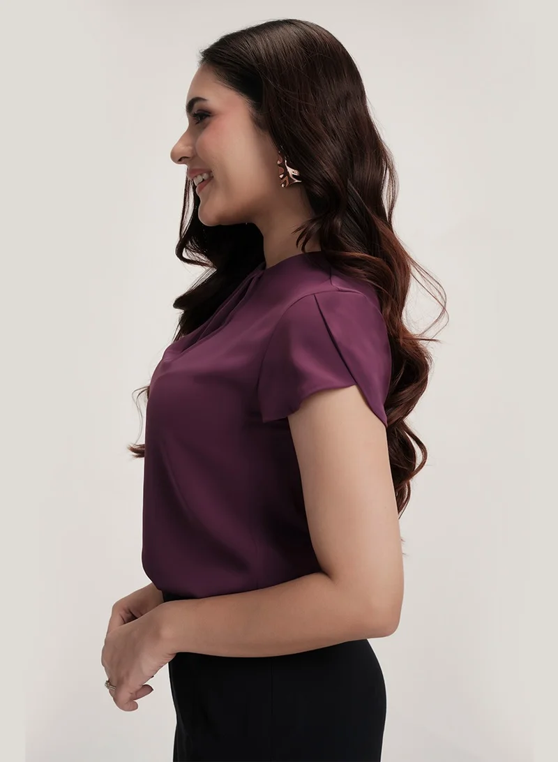 Zigzag Petal Sleeve Chiffon Neck Pleated Purple Top