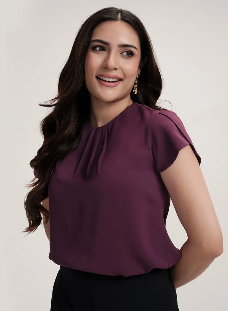 Zigzag Petal Sleeve Chiffon Neck Pleated Purple Top