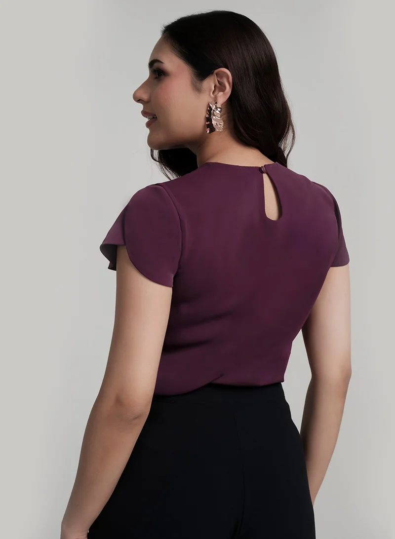 Zigzag Petal Sleeve Chiffon Neck Pleated Purple Top