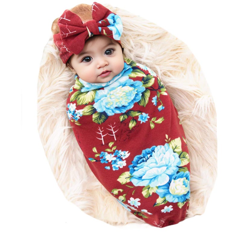 Galabloomer Newborn Receiving Blanket Headband Set Baby Flower Rose Swaddle with Big Bow (Burgundy) - Image 1