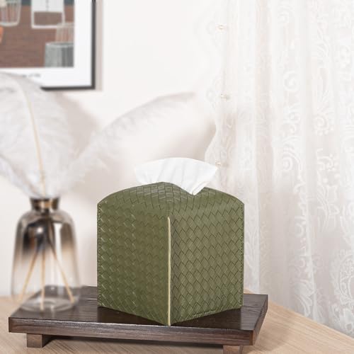 zoocatia Tissue Box Cover PU Leather Tissue Holder Square Facial Tissue Case Facial Paper Organizer Dispenser for Bathroom, Vanity Countertop, Tabletop, Car, Olive Green - Image 2