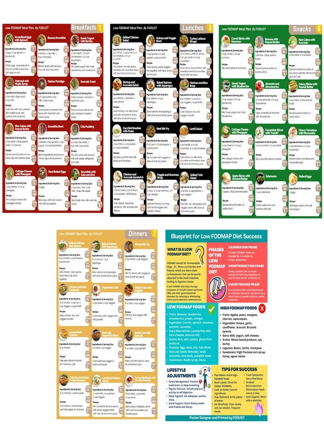 FODLIST 5PCS Low Fodmap Meal Plan & Nutrition Guide that Supports Gut Health, IBS Relief and Digestive Issues. Includes Educational Fodmap Diet Poster. Counts Calories, Carbs, & Fibers. Laminated - Image 1