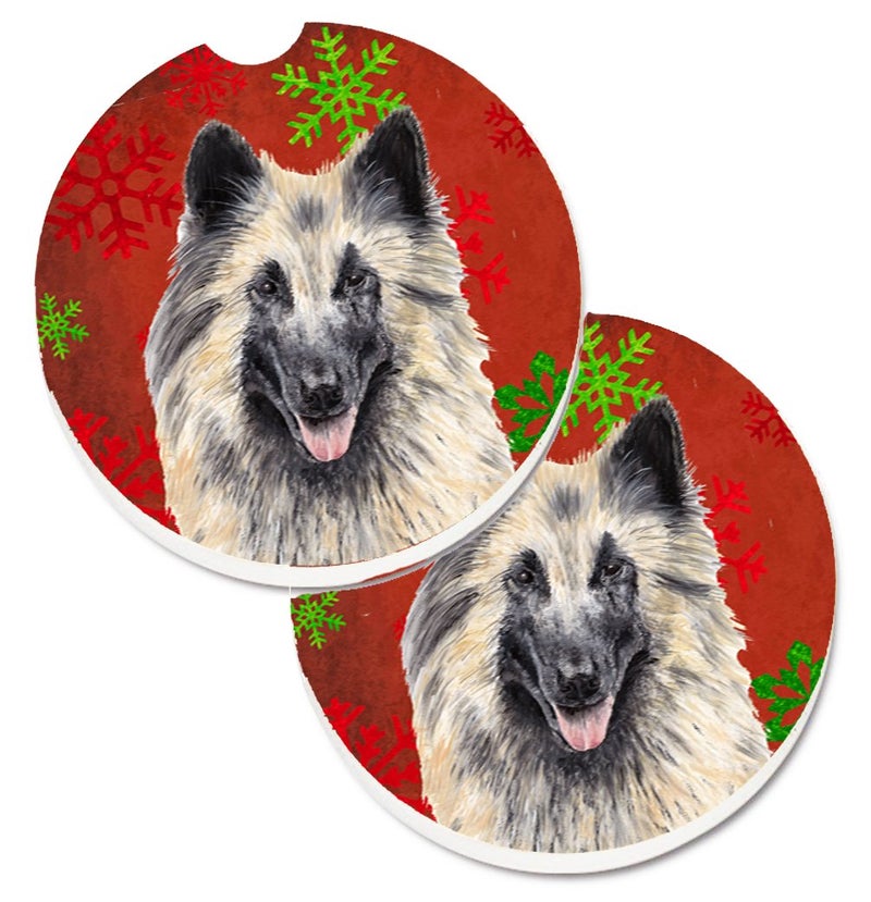 Caroline's Treasures SC9432CARC Belgian Tervuren Red and Green Snowflakes Holiday Christmas Set of 2 Cup Holder Car Coasters Absorbent Sandstone Coasters for Car Cup Holders Gifts for Men or Women  La