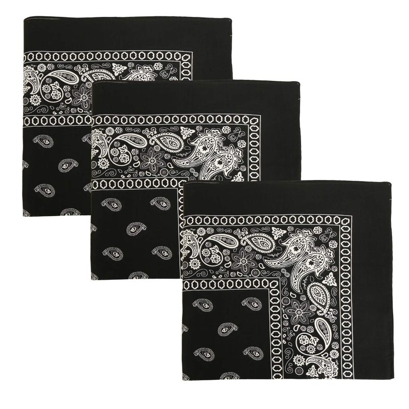 3 PK Cowboy Bandanas 100% Cotton 22 x 22 inch - Black
