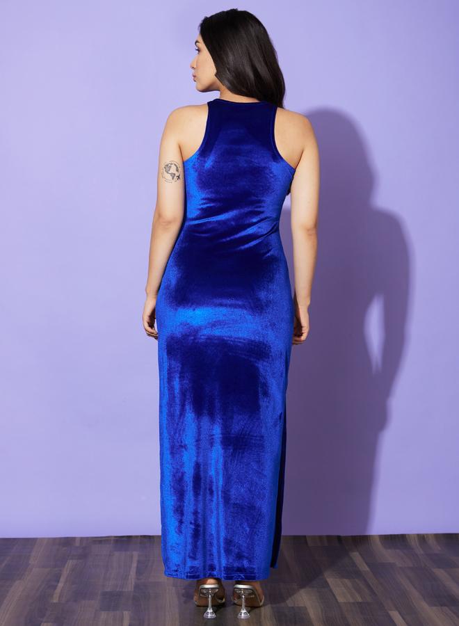 globus Women Blue Solid Halter Neck Sheath Maxi Dress with Slit - Image 3