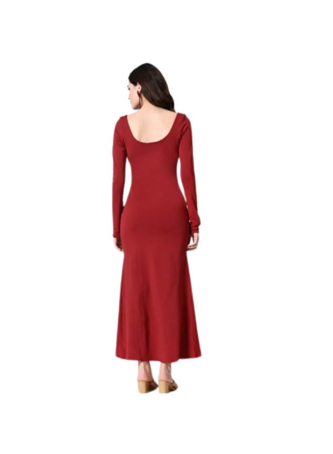 Uberoot Women’s Ruby Red Round Neck Long Sleeve Bodycon Lycra Dress | Elegant Party, Cocktail & Evening Dress | Sleek & Stretchable Fashion Outfit - Image 2