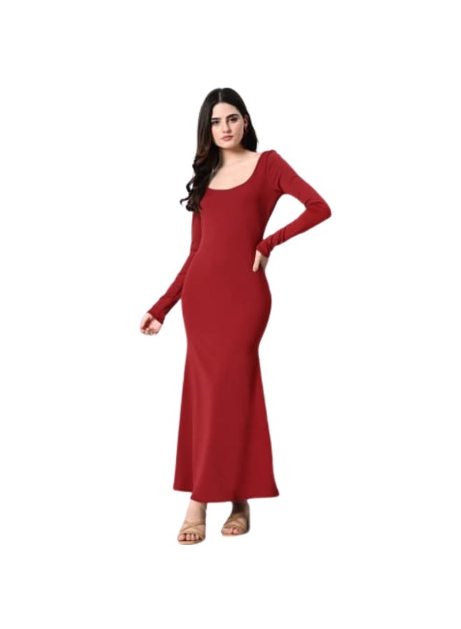 Uberoot Women’s Ruby Red Round Neck Long Sleeve Bodycon Lycra Dress | Elegant Party, Cocktail & Evening Dress | Sleek & Stretchable Fashion Outfit - Image 1