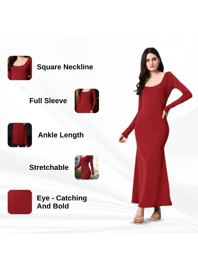 Uberoot Women’s Ruby Red Round Neck Long Sleeve Bodycon Lycra Dress | Elegant Party, Cocktail & Evening Dress | Sleek & Stretchable Fashion Outfit - Image 4