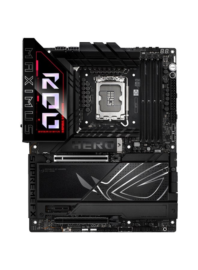 أسوس لوحة أم ROG MAXIMUS Z890 HERO Wi-Fi ATX، شريحة Intel Z890، مقبس LGA1851، ذاكرة قصوى 192GB DDR5 4*DIMM، 6*M.2، 1*PCIe 5.0*16، 1*2.5Gb و 1*5Gb Ethernet و Wi-Fi 7، بلوتوث v5.4، 1*HDMI، 2*Intel Thunderbolt، ذكاء اصطناعي، EZ PC DIY، إضاءة Polymo II | 90MB1ID0-M0EAY0 - Image 1