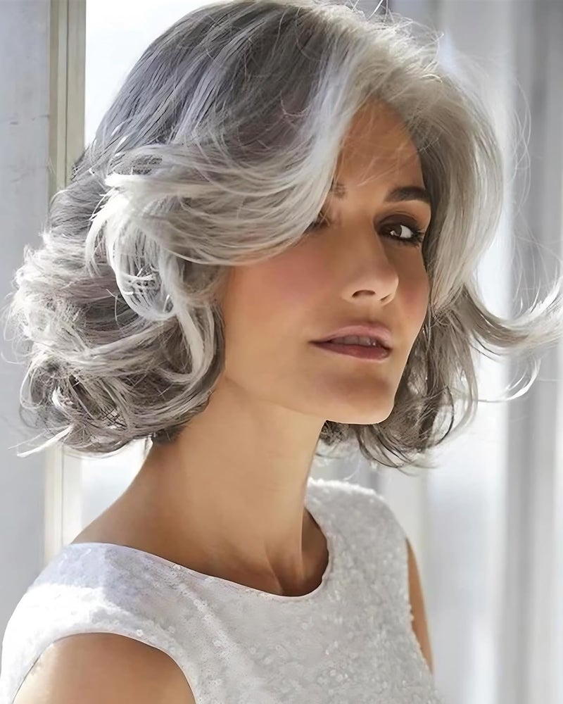 RENERSHOW Midlength Grey Wavy Bob Wigs for Women Short Gray Curly Wig Synthetic Salt and Pepper Wigs Average Size Realistic Natural Daily Party Wigs for Older Women with Silver White Bangs1012inch