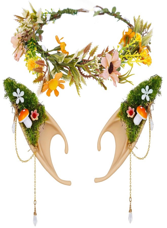 FRESHME Renaissance Mushroom Elf Ears with Crown - Butterfly Flower Headpiece Set Fairy Forest Mushroom Pixie Ears and Elf Floral Woodland Crown for Women Renfaire Wedding Halloween Cosplay Bridal Photo Shoot - Image 1