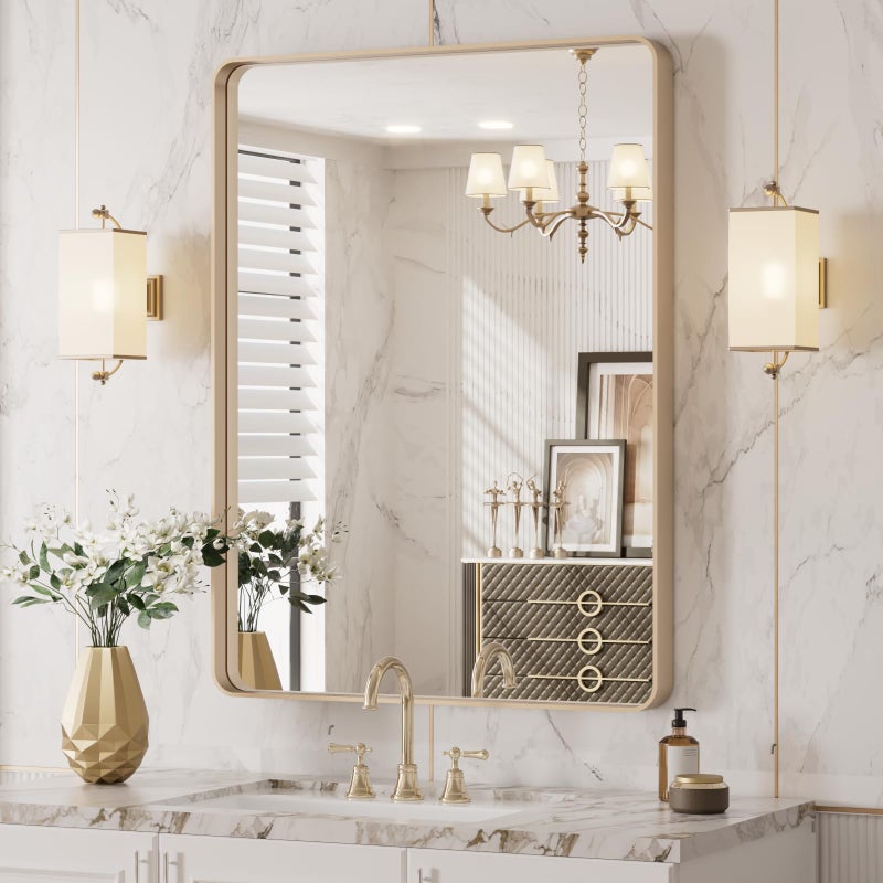 LOAAO 24â€X32â€ Gold Bathroom Mirror, Rounded Rectangle Gold Frame Mirror, Brushed Gold Bathroom Vanity Mirror Wall-Mounted, Anti-Rust, Hangs Horizontally or Vertically - Image 4