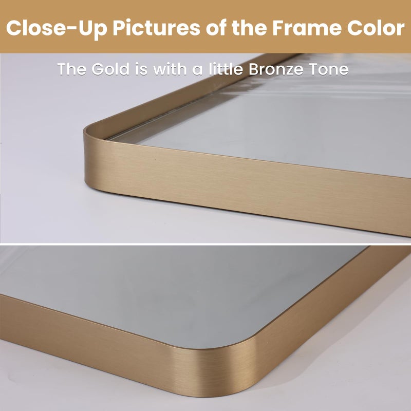 LOAAO 24â€X32â€ Gold Bathroom Mirror, Rounded Rectangle Gold Frame Mirror, Brushed Gold Bathroom Vanity Mirror Wall-Mounted, Anti-Rust, Hangs Horizontally or Vertically - Image 3