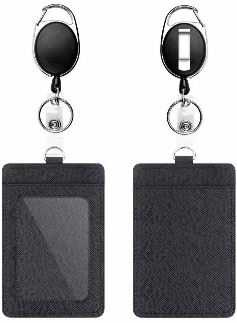 Generic Badge Holders, 2 Pcs Heavy Duty Retractable Reel Clips Set with Carabiner Clip, Vertical Leather ID Card Holder, Black - Image 1
