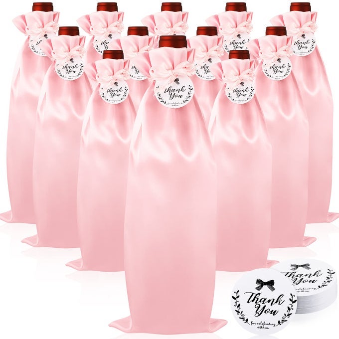 12 PCS SATIN WINE BAGS WINE GIFT BAGS WITH DRAWSTRINGS TAGS WINE BOTTLE BAGS REUSABLE WINE BOTTLE COVERS FOR CHRISTMAS WEDDING BIRTHDAY TRAVEL HOLIDAY PARTY HOUSEWARMING HOME STORAGE PINK