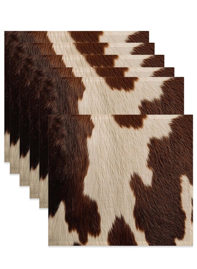 CXULIN Cow Skin Print Table Placemats Set of 6,Non-Slip Brown Fur Fabric Placemats for Dining Room Kitchen Party Holiday, Indoor Cloth Table Mats for Home Decor 11.8x17.7 Inch - Image 1