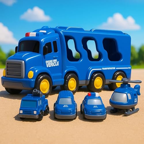 GRAPHENE 5-in-1 Pull Back Friction-Powered City Truck Set Light & Music Montessori Carrier Educational Vehicle Mini Helicopter Taxi Toy Boys & Girls Fun Birthday Gift for Kids Ages 3+8years - Image 1