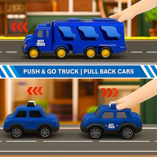 GRAPHENE 5-in-1 Pull Back Friction-Powered City Truck Set Light & Music Montessori Carrier Educational Vehicle Mini Helicopter Taxi Toy Boys & Girls Fun Birthday Gift for Kids Ages 3+8years - Image 4