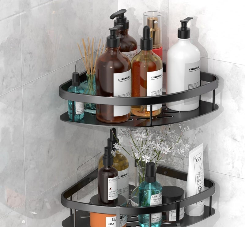 Boniry 2 Pcs Bathroom Accessories Aluminium Heavy Duty Self Adhesive Bathroom Corner Shelf for Wall, Multipurpose Wall Mounted Bathroom Organiser, Washroom Organizer (Black) - Image 1