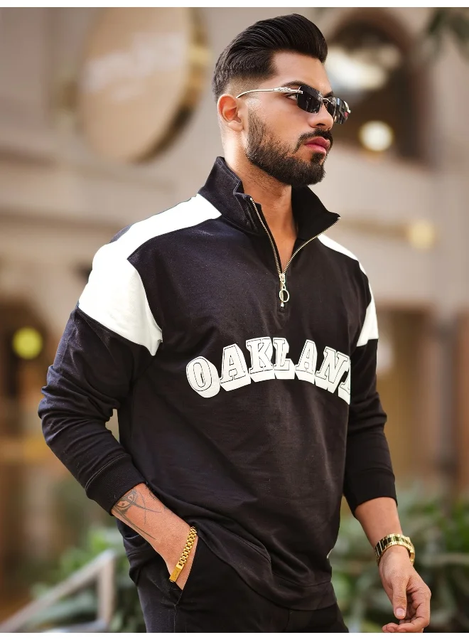 مانياك تيشيرت قطن رجالي بياقة بولو وأكمام ثلاثة أرباع وسحاب نصفي، أسود وأبيض