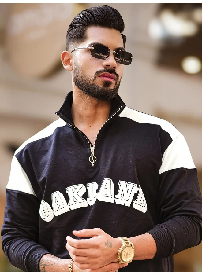 مانياك تيشيرت قطن رجالي بياقة بولو وأكمام ثلاثة أرباع وسحاب نصفي، أسود وأبيض