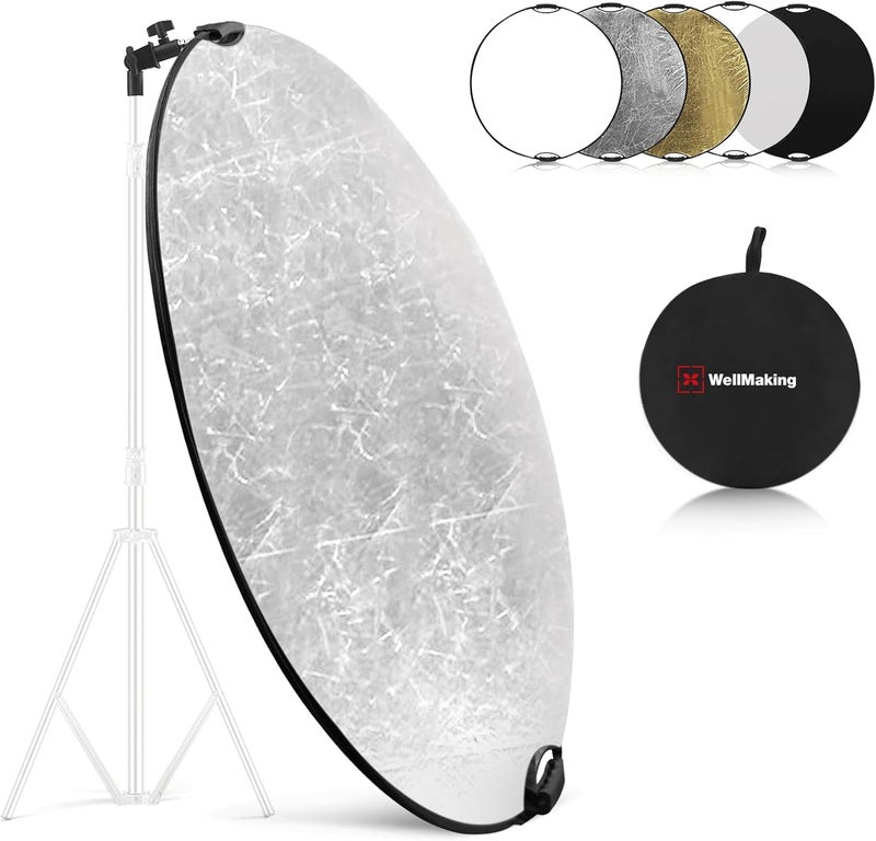WELLMAKING 32 Inch (80cm) Reflector Photography, Collapsible Light Reflector with Bag & tilt Adapter, 5 in 1 Handle Reflector for Studio & Outdoor Lighting -Translucent, Silver, Gold, White and Black - Image 1