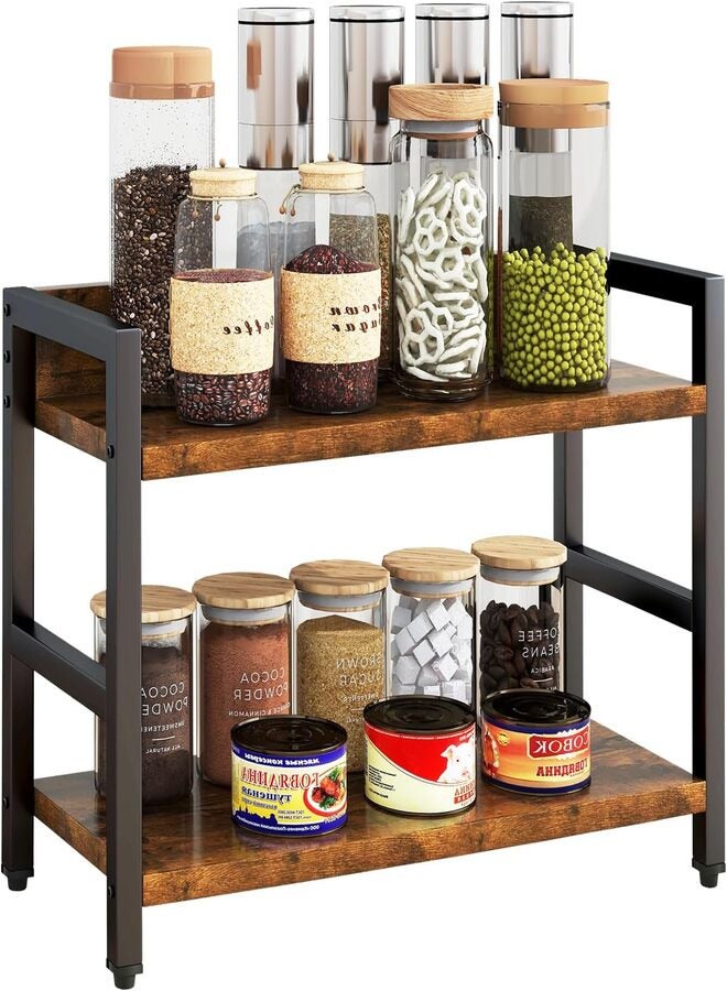 IBUYKE 2-Tier Spice Rack Industrial Counter Shelf Desktop Storage Organizer Standing Seasoning Rack for Countertop Kitchen Office Living Room Desktop Rustic Brown TLJ002H - Image 1