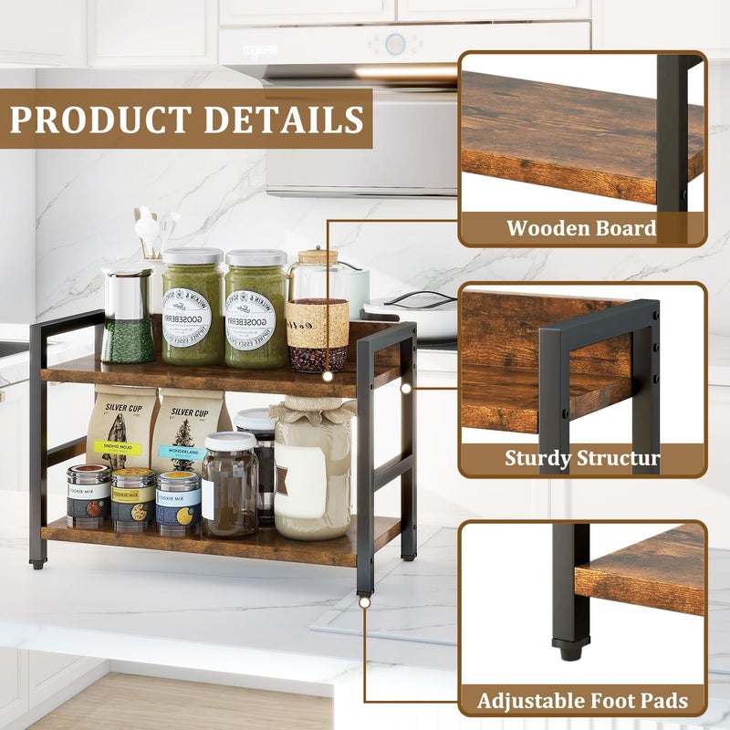 IBUYKE 2-Tier Spice Rack Industrial Counter Shelf Desktop Storage Organizer Standing Seasoning Rack for Countertop Kitchen Office Living Room Desktop Rustic Brown TLJ002H - Image 4