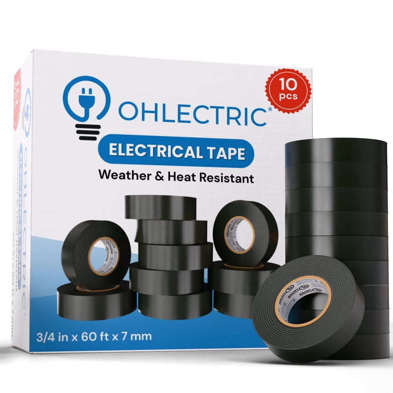 شريط كهربائي أسود من OHLECTRIC عبوة 10 قطع مدرج ULCSA متعدد الألوان مقاوم للحرارة والنار 34 بوصة × 60 قدم 7 مم سمك من الفينيل الصناعي
