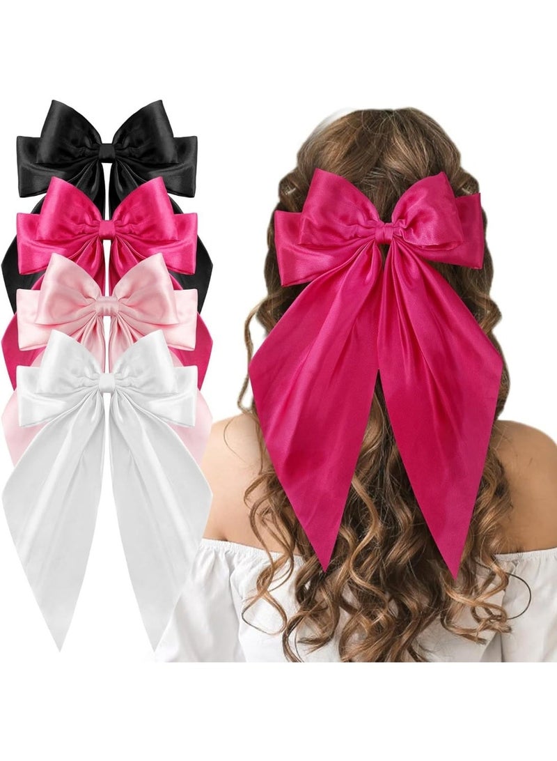 CLENEA Large Pink Hair Bows, 4 Pack Satin Hair Ribbons Bow Hair Clips, Oversized Long Tail Hair Bow Barrette Satin Hair Bows Cute Hair Accessories for Women Girls - Image 1