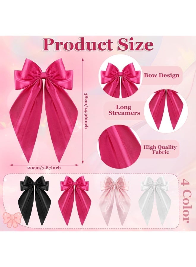 CLENEA Large Pink Hair Bows, 4 Pack Satin Hair Ribbons Bow Hair Clips, Oversized Long Tail Hair Bow Barrette Satin Hair Bows Cute Hair Accessories for Women Girls - Image 2