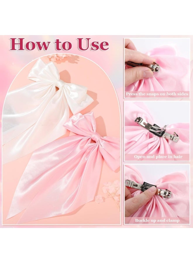 CLENEA Large Pink Hair Bows, 4 Pack Satin Hair Ribbons Bow Hair Clips, Oversized Long Tail Hair Bow Barrette Satin Hair Bows Cute Hair Accessories for Women Girls - Image 3