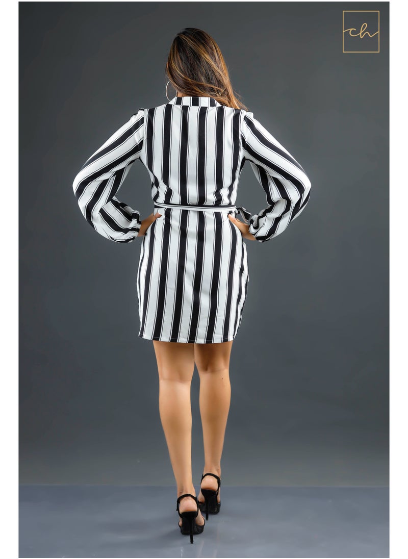CH Glamstore Long Sleeved Mini Dress with Black and White Stripes  - Image 3