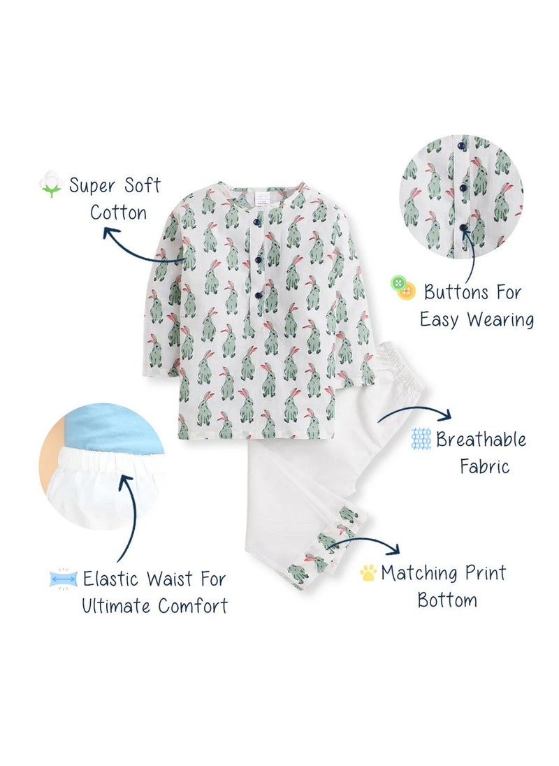 Polka Tots Polka Tots Full Sleeves Night Wear Rabbit Kurta Pyjama - White  - Image 5