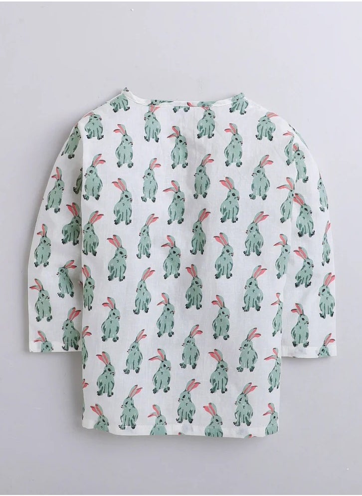 Polka Tots Polka Tots Full Sleeves Night Wear Rabbit Kurta Pyjama - White  - Image 2