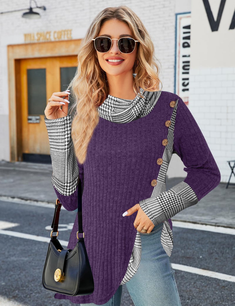 Miusey Turtleneck Sweater Fall Tunic Tops for Women 2025 Long Sleeve Pullover Sweatshirts for Leggings Purple Black Plaid M - Image 3