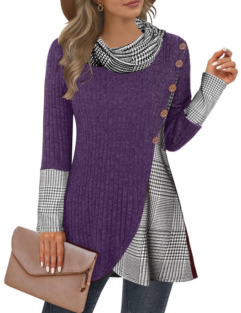 Miusey Turtleneck Sweater Fall Tunic Tops for Women 2025 Long Sleeve Pullover Sweatshirts for Leggings Purple Black Plaid M - Image 1